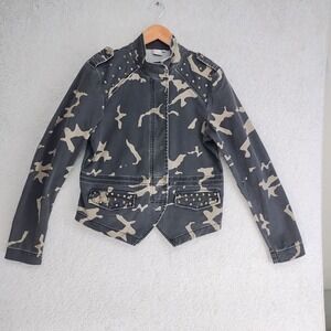 BECXY B Jacket Womens L Camo Military Studded Epaulettes Zip Snap Black Tan